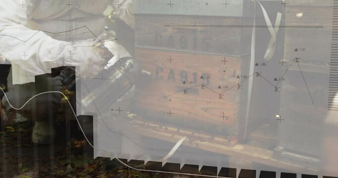 Male beekeeper operating smoker in agriculture apiary, with animated hive data and growth graphs