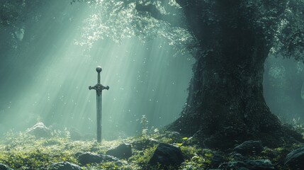 A weathered sword embedded in the trunk of an ancient tree in a mystical forest