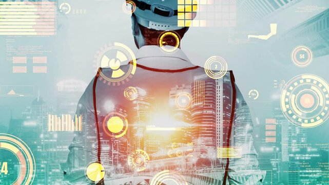 Future building construction and inventive engineering project concept with HUD hologram graphic design. Building engineer, architect people or construction worker works with modern civil technology.