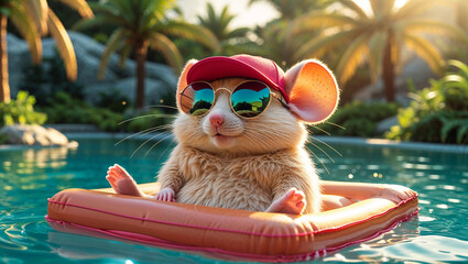 cute cartoon  mouse on inflatable mattress in pool in summer
