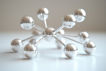 Obraz premium A chrome molecular model, showcasing interconnected spheres and rods, representing atomic structure.