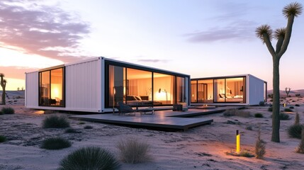 Obraz premium Modern Desert Container Home at Sunset, Minimalist Architecture