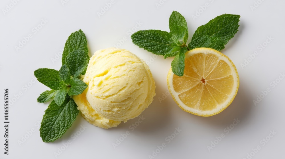 Poster lemon-flavored ice cream sits elegantly with mint leaves and a lemon slice on a clean white backdrop