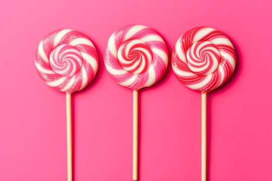 Pink Swirl Lollipops on Pink Background Delicious Candy Sweets