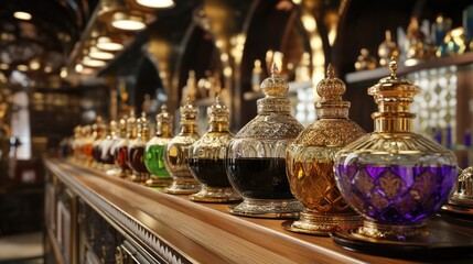 Luxurious Perfume Bottles in Ornate Golden Display