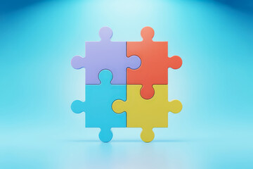 Colorful puzzle pieces interlocked on a blue background.