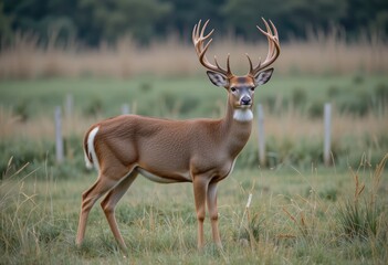 Fototapeta premium Majestic Buck Standing Tall in Grassy Field with Impressive Antlers