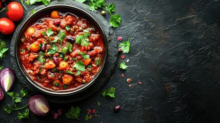 Rich and flavorful chili non carne with beans vegetables and herbs served in a rustic black bowl on dark textured background with fresh ingredients