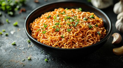 Delicious cooked instant ramen noodles in a black bowl garnished with green onions on dark textured surface with garlic and spices