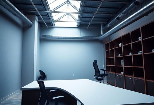 empty office with a desk and chairs