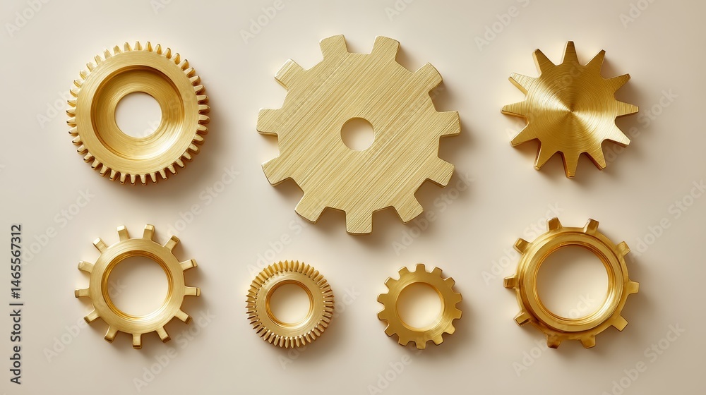 Poster Six bronze cogs of different sizes and shapes are meticulously arranged in a circular formation on a beige backdrop, showcasing their intricate details