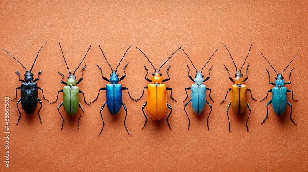Poster Six colorful insect illustrations are symmetrically arranged on matte coral-orange paper, creating a vibrant design with room for text