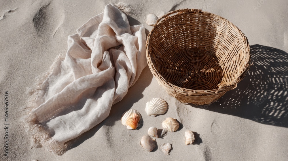 Poster folded linen blankets and a woven basket lie on soft sand, with seashells scattered nearby, creating
