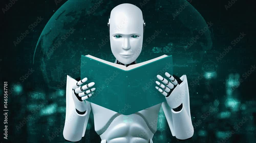 Poster 3d rendering of robot hominoid reading book and solving math data analytics in concept of future mat