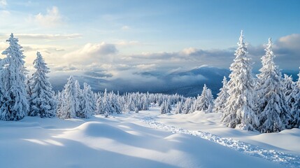 Majestic snow covered pine trees on mountainside during sunset in winter wonderland
