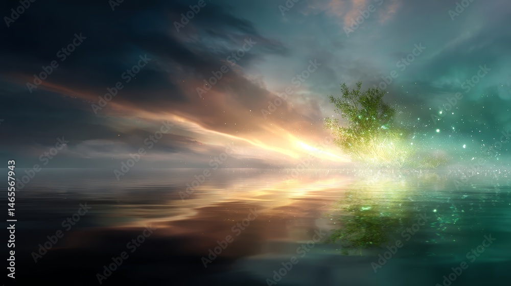 Aufkleber a fantastical tree with bioluminescent leaves stands amidst a serene setting, illuminated by floatin