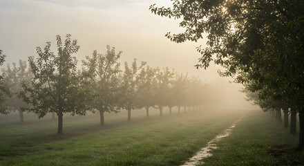Fototapeta premium Mystical Morning: Rows Of Trees Disappear Into The Fog
