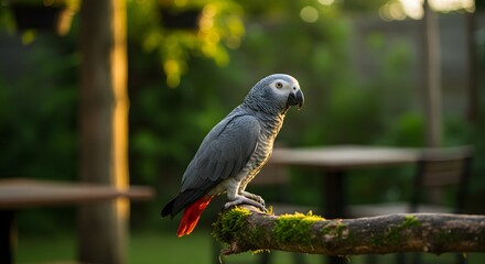 Obraz premium A gray parrot with red tail feathers perched on a mossy branch in a blurred green outdoor setting