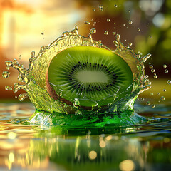 A green kiwi fruit slice creates a juicy splash in fresh water
