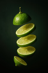 Sliced Floating Fresh, Juicy Lime on Dark Green Background – Fresh Citrus Fruit Levitation with Vibrant Texture and Natural Lighting