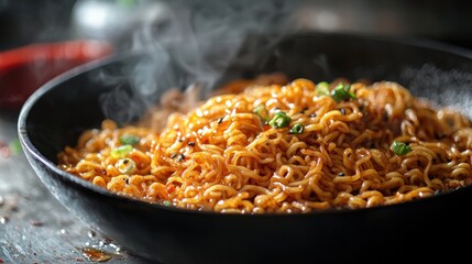 Spicy seasoned instant ramen noodles in a black bowl with steam rising, close-up perspective highlighting the flavorful dish with herbs and vegetables