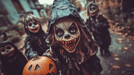 Halloween children in spooky costumes holding pumpkin.