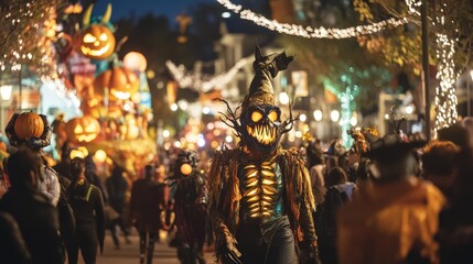 Fototapeta premium Illuminated spooky figure in a festive outdoor display.