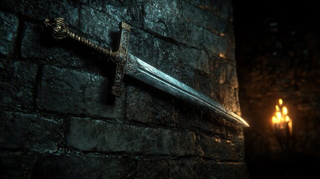 A sword displayed on a castle wall under flickering torchlight 