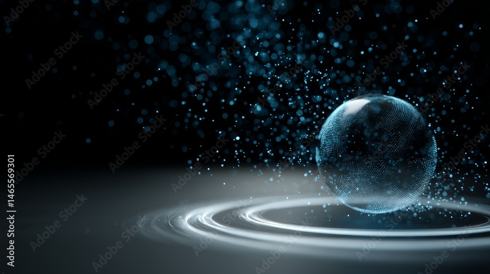 Poster A holographic globe is suspended in space, encircled by luminous data particles, set against a dark starry backdrop with open space for text on the right