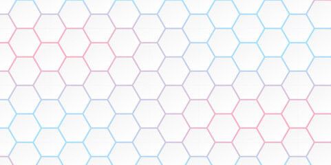 Abstract white futuristic hexagon with blue and pink light. Abstract geometric hexagonal pattern. Hexa. Vector.