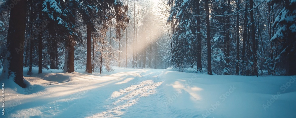Poster sunbeams illuminating snowy path through winter forest