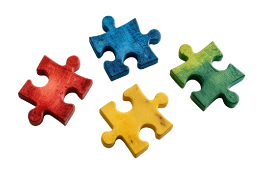 Colorful puzzle pieces in red, blue, green and yellow PNG with a transparent background

