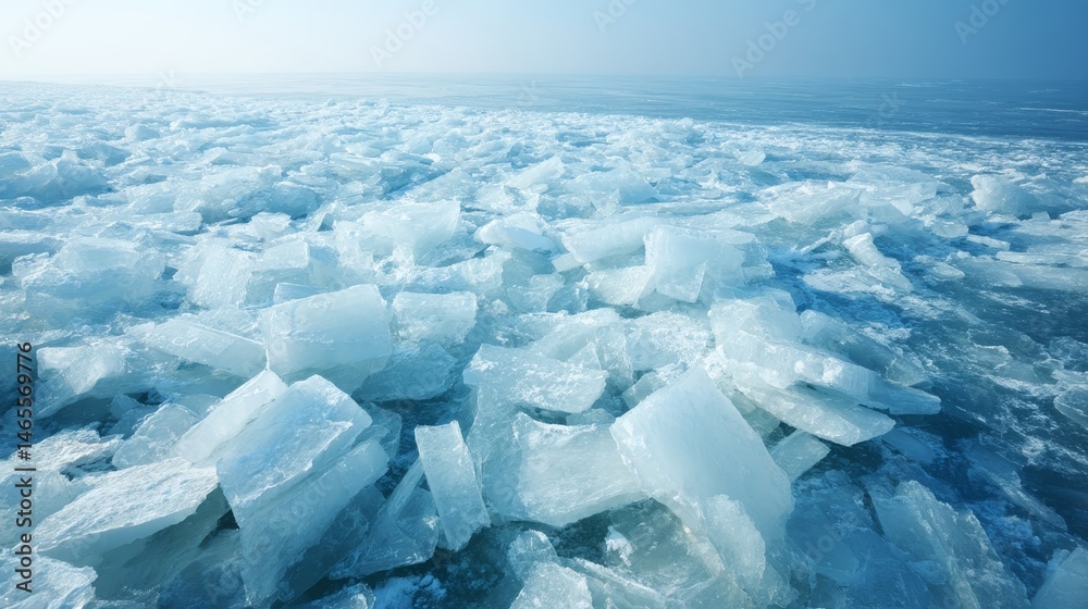 Aufkleber Clusters of jagged ice chunks drift quietly in a serene arctic lagoon, reflecting the pale blue water and creating a tranquil atmosphere with open space for creativity