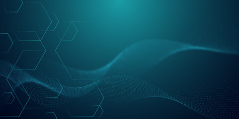 Abstract technology Futuristic Teal Digital Background with Hexagons and Flowing Wave Lines. Technology Line Blue Sense Background. 