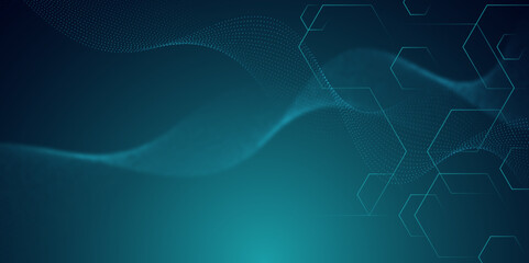 Abstract technology Futuristic Teal Digital Background with Hexagons and Flowing Wave Lines. Technology Line Blue Sense Background. 