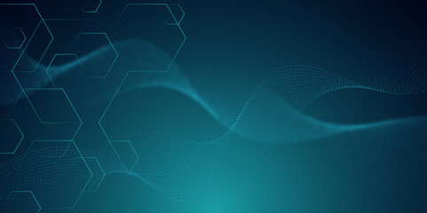 Abstract technology Futuristic Teal Digital Background with Hexagons and Flowing Wave Lines. Technology Line Blue Sense Background. 