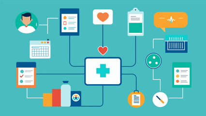 A flowchart showing the multiple steps involved in processing and transferring patient data between different healthcare entities emphasizing the importance of efficient. Vector illustration