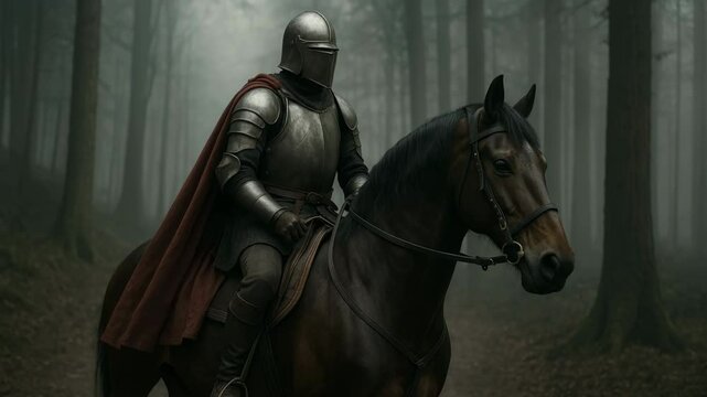 Medieval knight on horseback patrolling misty forest at dawn, cinematic fantasy adventure scene