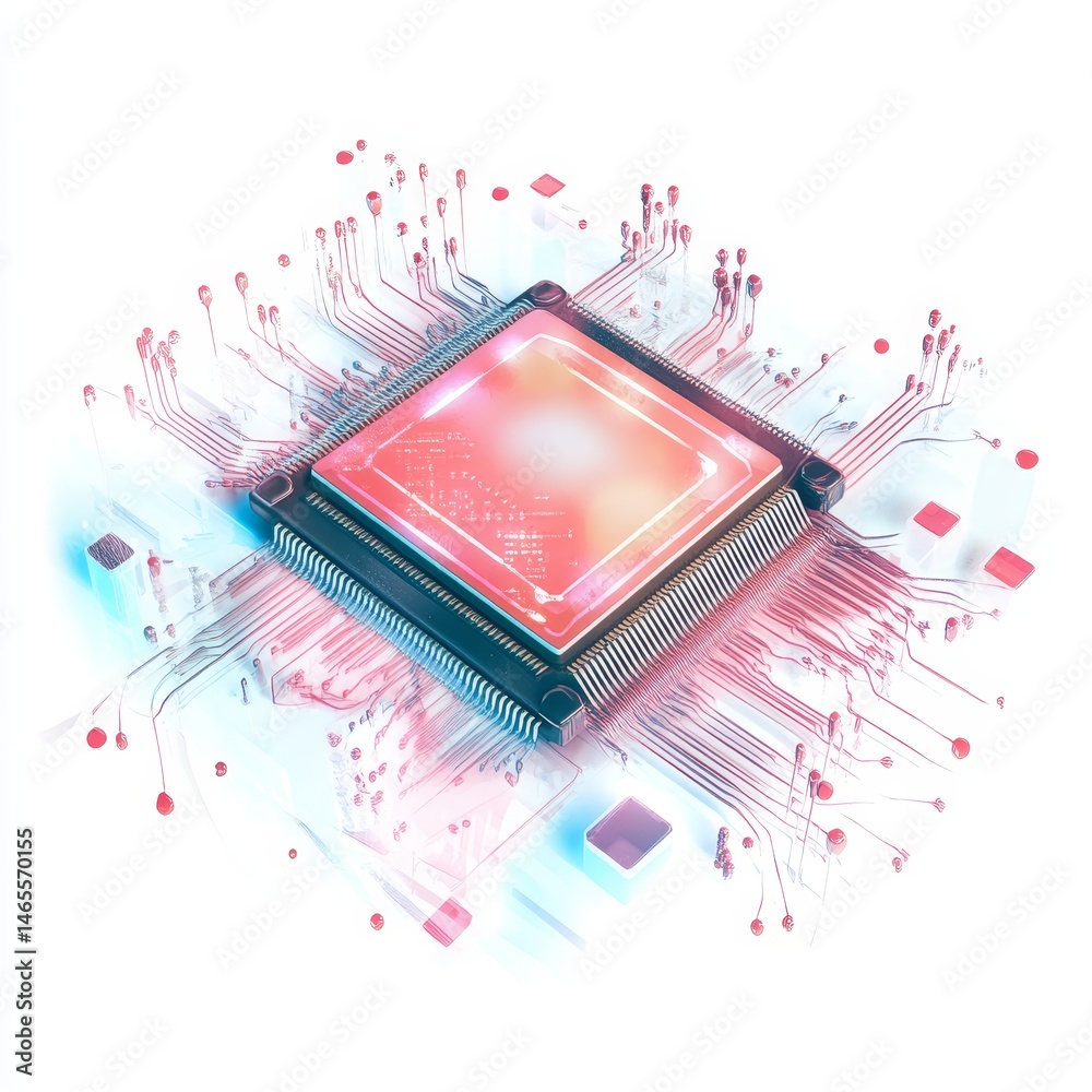 Poster advanced microprocessor technology - close-up of a modern microprocessor with intricate circuitry, s