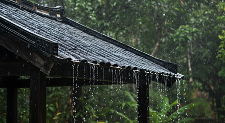 Rainy Weather In The Forest With Traditional Roofing Structures During Monsoon Season