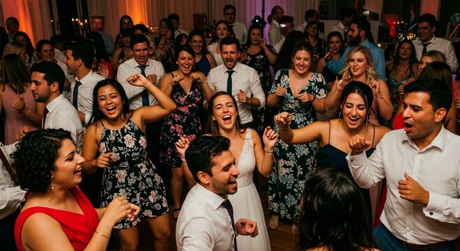 Black and white shot of a wedding party dancing together in a bright white room with a happy atmosphere