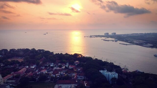 Stunning drone shot of Kochi city (also known as Cochin) in Kerala, India. It is a major port city & Often called the "Queen of the Arabian Sea, famous for Colonial architectures.