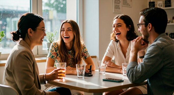 Four friends laughing together at a table in a bright cafe with drinks and phones present on the table