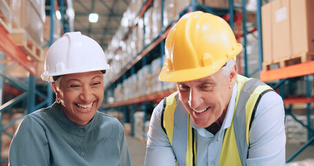 Mature man, woman and happy with shipping, warehouse and excited for stats, distribution or inventory management. People, team and smile with review, logistics or results at industrial storage plant