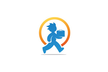 Logo design of a boy holding a box in his hands, symbolizing care, protection, childhood, and home-related values.

