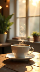 text="Welcome Sunshine" on a warm minimalist coffee shop background with soft morning light pouring through a window and delicate steam rising from the coffee cup.  Clean sans-serif font, 48 pt, cente