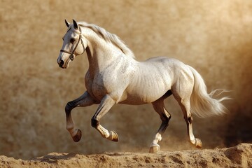 Obraz premium Majestic light gray horse in a dynamic gallop.