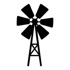 Stylized image of a black windmill with six sails on a white background