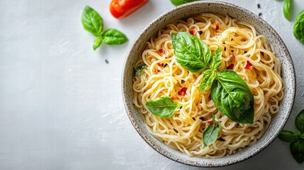 Classic Italian spaghetti pasta dish topped with fresh basil leaves served in a rustic bowl with cherry tomatoes on a light background