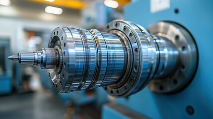 Fototapeta premium Close-up of precision industrial machinery component. Complex, high-precision metal parts are assembled together